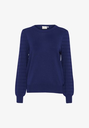 Granatowy sweter z okrągłym dekoltem, teksturowanymi rękawami i ściągaczami. Miękka tkanina w luźnym kroju z minimalnymi detalami.