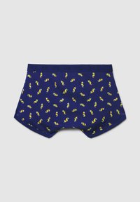 Boxer blu con un motivo di piccoli uccelli gialli e verdi. Presenta un elastico morbido e una trama di tessuto liscia.