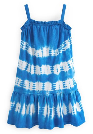 Robe sans manches tie-dye bleu et blanc avec encolure et ourlet froncés, à rayures horizontales et fines bretelles.