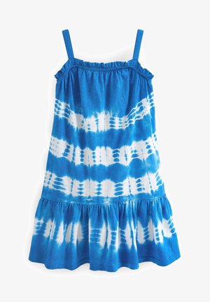 Blå og hvid tie-dye ærmeløs kjole med flæset halsudskæring og kant, med horisontale striber og tynde skulderstropper.
