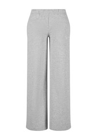 Lys grå, vide bukser laget av mykt stoff med elastisk midjebånd. Har et enkelt design uten synlig maskinvare eller mønstre.