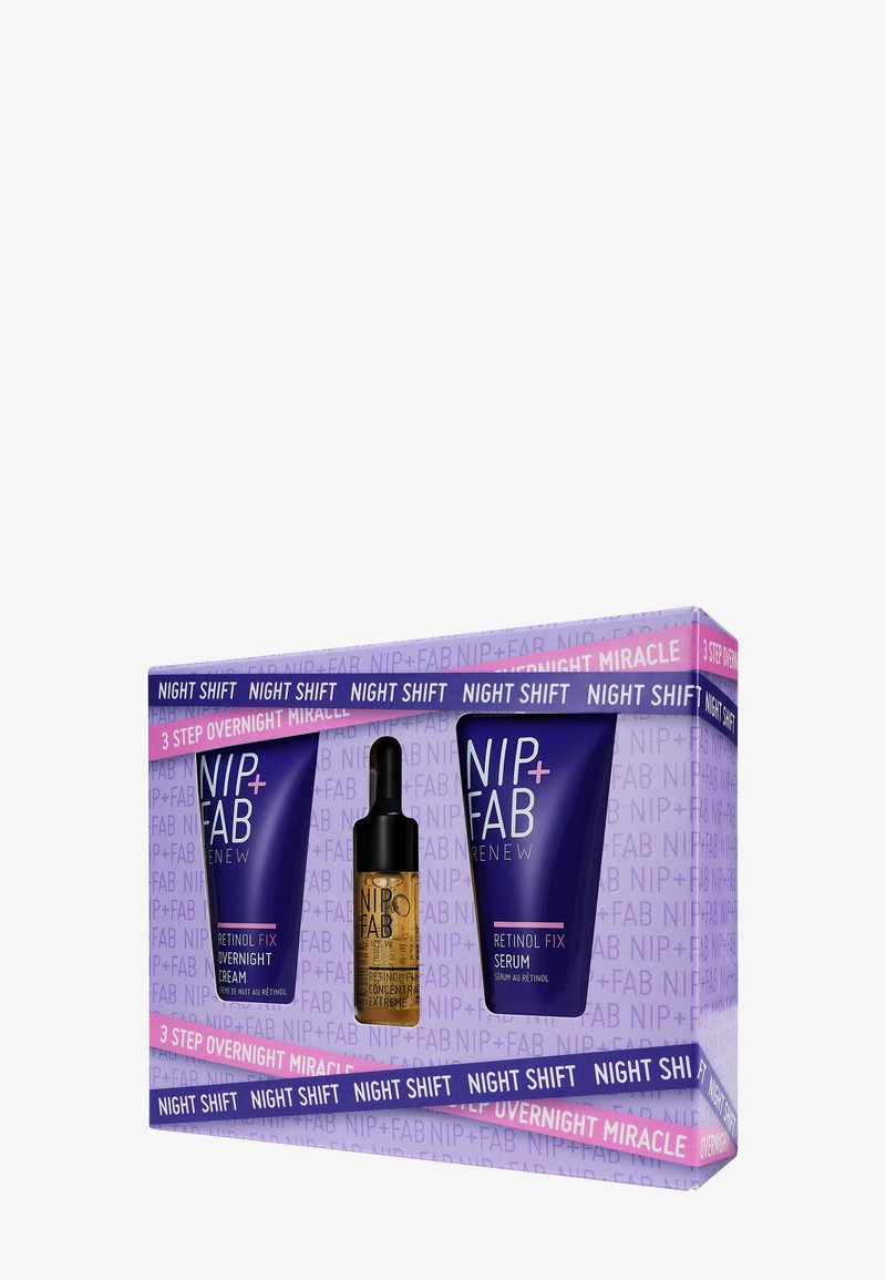 NIP+FAB Renew hudplejesæt i en lilla boks med tre produkter: Retinol Fix Overnight Cream, Retinol Fix Serum og en pipetteflaske.