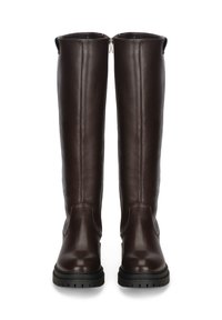 Bottes montantes en cuir marron à finition lisse, semelles en caoutchouc contrastées et fermetures éclair latérales pour un enfilage facile.