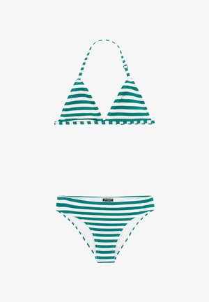 Green and white horizontal striped bikini set with adjustable halter top and matching bottoms.