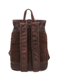 Brązowy plecak skórzany i sztruksowy z dwoma grubymi paskami, uchwytem u góry i gładkim wykończeniem skórzanych akcentów.
