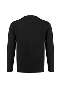 Maglione nero a maniche lunghe, con colletto classico e una trama liscia. Presenta un colore uniforme senza motivi o dettagli visibili.