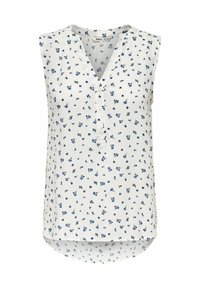 Hvid ærmeløs bluse med en udsparret halsudskæring, der har et blåt blomstermotiv. Stoffet har en struktureret fornemmelse og en buet kant.
