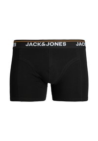 Mustad boxeripüksid fitted disainiga, millel on must elastne vöökoht valge ja oranži tooniga "JACK&JONES" logoga.