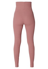 Höga rosa leggings med ribbad textur. Helt lång design, sömlös baksida utan synliga sömmar eller hårdvara. Slät finish.