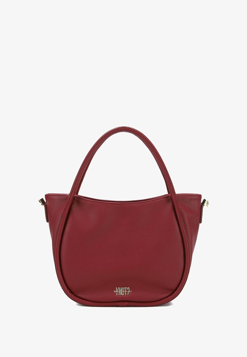 Borsa a tracolla rossa in pelle con due manici arrotondati, chiusura con zip e un sottile logo accentuato sulla parte anteriore. Texture liscia e design curvato.