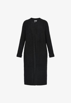 Lange zwarte ribgebreide cardigan met lange mouwen, manchetpols, open voorkant en lengte tot halverwege de kuit.
