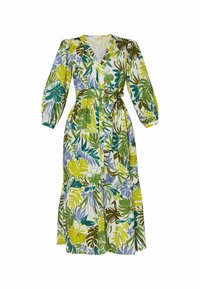 Vestido de longitud a la rodilla con estampado floral en tonos verde, amarillo y azul, con escote en V, mangas largas abullonadas y un cinturón atado en la cintura.