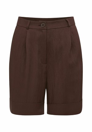 Bruine op maat gemaakte korte broek met omgeslagen zoom, voorste knoop- en ritssluiting, en riemlussen.