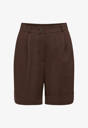 Bruine op maat gemaakte korte broek met omgeslagen zoom, voorste knoop- en ritssluiting, en riemlussen.