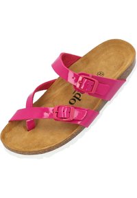 Sandalo in pelle lucida rosa con due fibbie regolabili, soletta in sughero e suola in gomma bianca. Presenta un design a strisce incrociate.