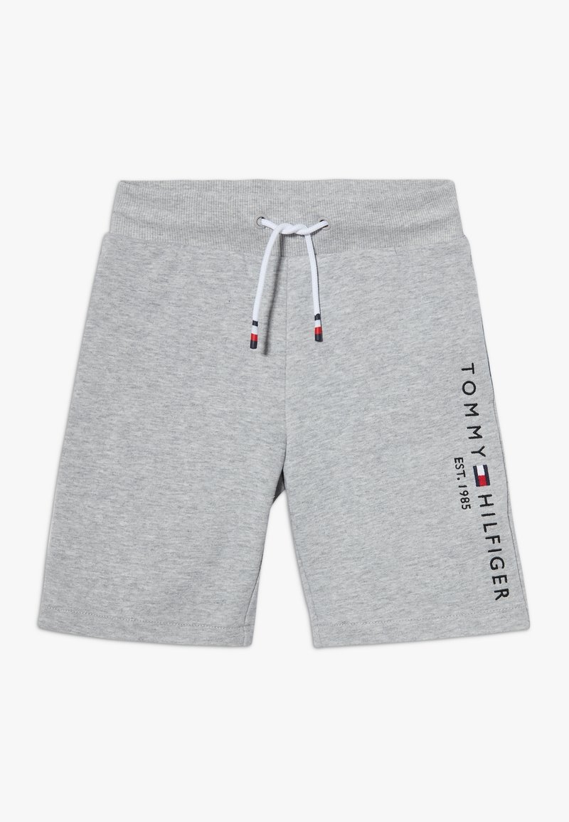 Šedé bavlněné šortky s elastickým pasem a šňůrkou na stažení. Na boku mají černé logo "TOMMY HILFIGER" a ikonické barevné akcenty.