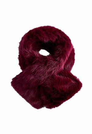 Écharpe en fausse fourrure bordeaux profond et douce, bouclée pour être portée, montrant une texture moelleuse et une couleur riche sur un fond blanc.