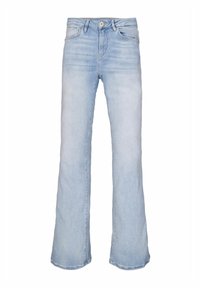 Lichtblauwe flare jeans van denim. Voorzien van een knoopsluiting aan de voorkant en vijf zakken. Vervaagd bij de dijen en de zoom voor textuur.