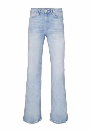 Hellblaue, ausgestellte Jeans aus Denim. Mit einem vorderen Knopfverschluss und fünf Taschen ausgestattet. Im Bereich der Oberschenkel und am Saum ausgeblichen für eine strukturierte Optik.