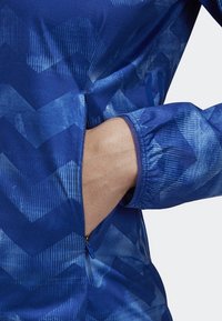 Veste de sport bleue avec motif en zigzag, dotée d'une poche zippée et de poignets froncés. Tissu lisse et léger avec une légère brillance.