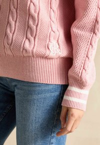 Roosa soonik, millel on tekstuuriga muster ja soonikvarrukad, milles on valged triibud. Logo on brodeeritud vasakul küljel. Sobib siniste teksadega.