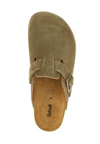 Sandale à glissière en daim vert olive avec une finition lisse, dotée d'une sangle à boucle et d'une semelle intérieure moulée avec une semelle de marque.