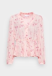 Blusa rosa trasparente con motivo floreale, strisce sottili, scollatura con volant, maniche lunghe e cordoncino regolabile in vita.