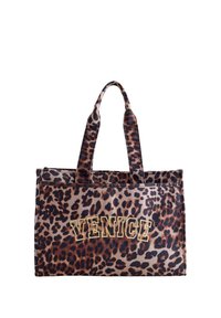 Geantă tote cu imprimeu leopard și textură plușată, inscripție aurie "VENICE", mânere duble din material textil și formă dreptunghiulară.