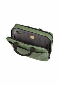 Grüne Laptoptasche mit glatter Oberfläche, doppeltem Reißverschluss und einem geräumigen Inneren, das mit einem grauen Futter und Organisationsfächern ausgestattet ist.