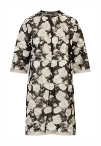 Schwarze Spitzenjacke mit weißer Floralbestickung, dreiviertelärmel, gerader Silhouette und rundem Halsausschnitt ohne Verschluss.
