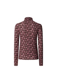 Lange mouwen top met een bruine basis en roze bloempatronen, een hoge kraag en een gladde textuur. Ideaal voor casual wear.