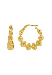 Gouden oorbellen in de vorm van een hoop met een gedraaide, golvende uitstraling. Textuur oppervlak met een glanzende afwerking. Voorzien van een veilige sluiting voor de hoop.