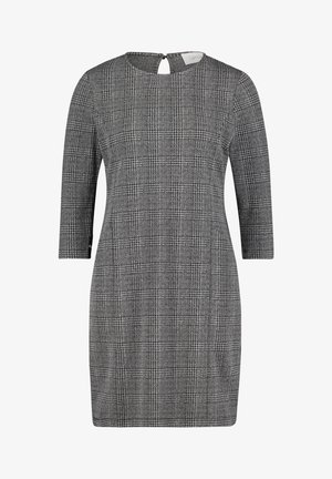 Szara sukienka w kratę z rękawami do połowy przedramienia, okrągłym dekoltem i tyłem z wycięciem w kształcie łezki. Wykonana z teksturowanej tkaniny.