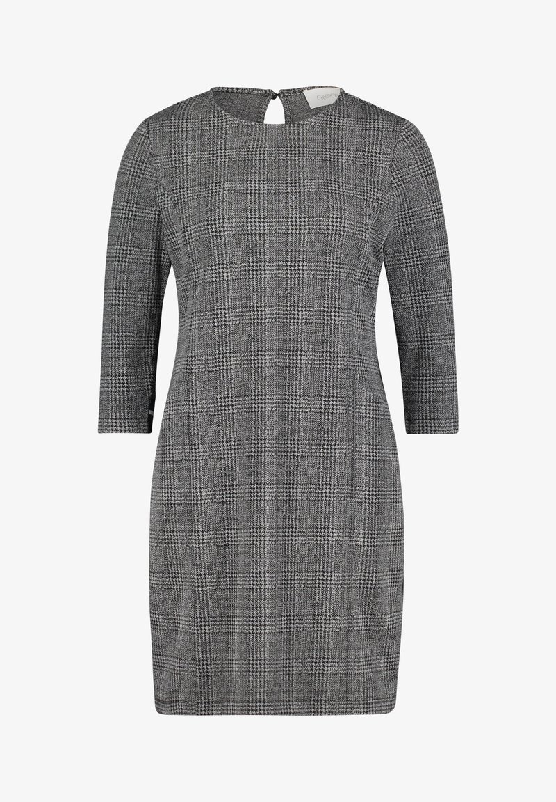 Robe à carreaux grise avec manches trois-quarts, encolure ronde et détail en forme de trou de serrure dans le dos. Fabriquée en tissu texturé.