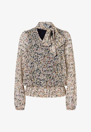 Blouse transparente à manches longues avec un col à nouer. Motif floral aux couleurs pastel sur fond clair. Ourlet froncé. Texture légère.