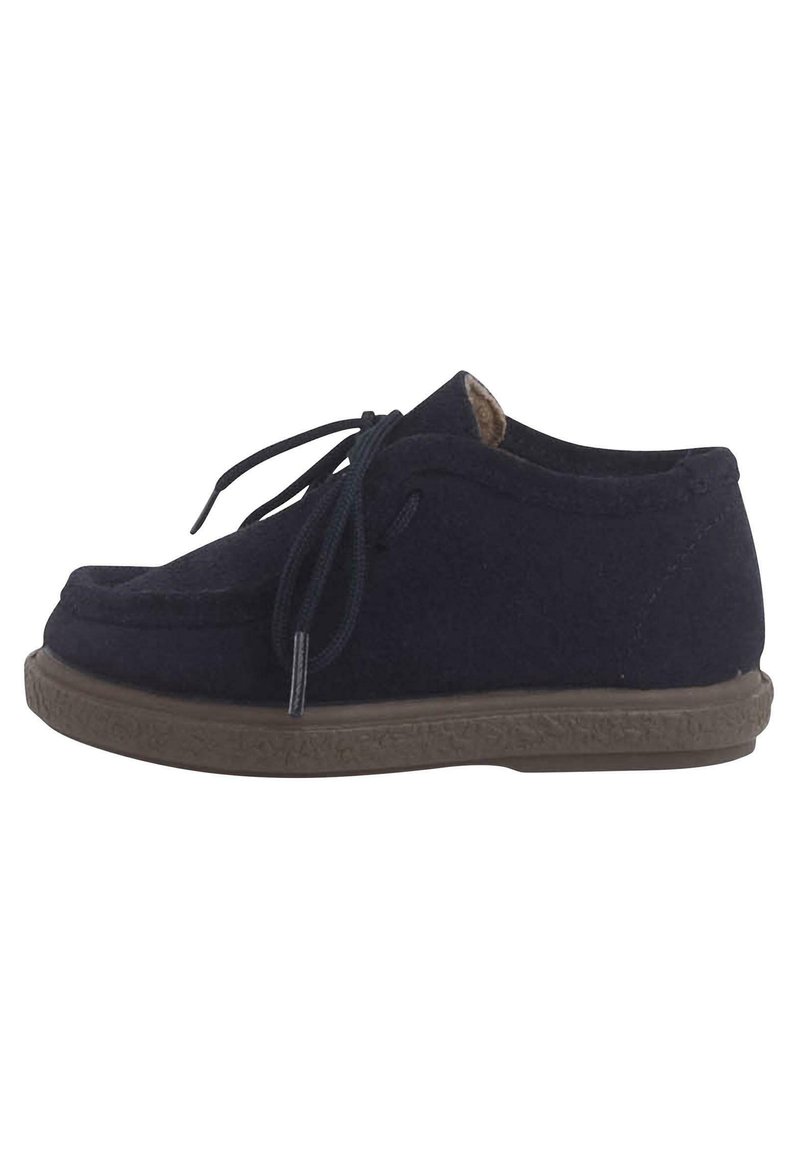 Scarpe in feltro blu navy con punta arrotondata, chiusura a lacci e suola in gomma marrone strutturata. Include un morbido rivestimento interno per il comfort.