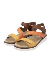 Open-toed sandaaltjes met gele, oranje en bruine leren banden. De zool is wit met een gestructureerde afwerking en een gevoerd voetbed.