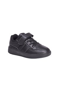 Schwarzer Leder-Sneaker mit niedrigem Profil, verfügt über einen Klettverschluss, Schnürung, strukturierten Gummisohle und Nähdetails.