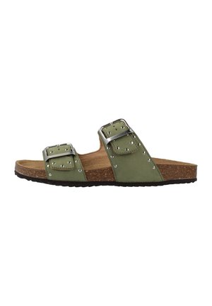 Sandalo verde slip-on con due cinturini regolabili con fibbia, dettagli con borchie, soletta in sughero e suola nera, vista laterale.