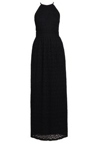 Robe maxi noire sans manches avec col licou, taille cintrée et motif texturé subtil s'étendant jusqu'au sol.