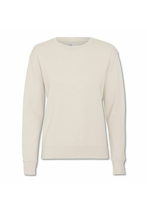 Sweatshirt couleur crème avec un col rond, des manches longues et des poignets et ourlet côtelés. Fabriqué à partir d'un tissu doux et texturé. Design simple.