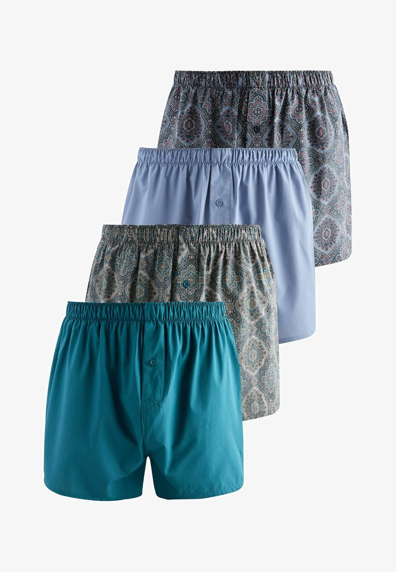 Négy férfi elasztikus derékpántos boxeralsó egyszínű tarka színben, világoskék és két kék-szürke mintás változatban, elöl gombos záródással.