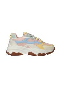 Chunky sneakers met een mix van pastelkleuren—roze, blauw, groen en geel—gemaakt van mesh en suede, met een gestructureerde rubberen zool.