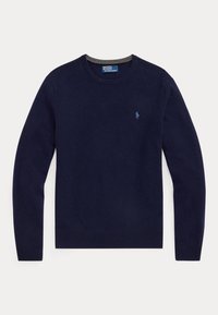 Laivastonsininen, pitkähihainen pyöreäkauluksinen neulepusero, jossa vasemmalla rinnalla pieni vaaleansininen kirjailtu Polo Ralph Laurén logo.