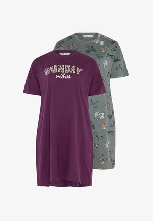 Due magliette a maniche corte: una viola con la scritta "SUNDAY vibes", l'altra grigia con un motivo a fiocchi in nero e dettagli in stampa leopardata.