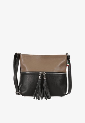 Two-tone brown and black leather crossbody bag with black strap, silver zipper, double tassel detail, and small Italy flag charm.