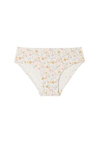 Weiße Bikiniunterwäsche mit einem dezenten floralen Muster in Gelb-, Pink- und Grüntönen auf glattem Stoff.