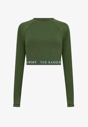 Zöld, hosszú ujjú, cropped felső sima anyagból. Raglan ujjak és vastag derékpánt fehér "TED BAKER SPORT" felirattal jellemzi.