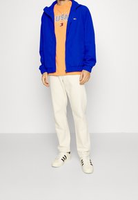 Blue lightweight jacket with a hood, orange graphic T-shirt, cream pants, and white sneakers with black stripes. Simple design and casual fit.