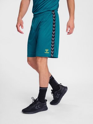 Mężczyzna w turkusowych szortach sportowych z czarnymi paskami w kształcie jodełki i logo, czarnych skarpetkach oraz czarnych butach sportowych, stojący na białym tle.